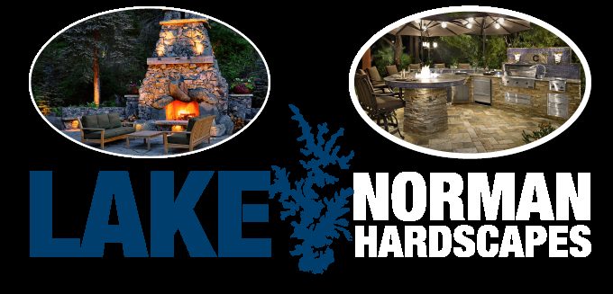 Promotional banner pairing an outdoor fireplace with an outdoor kitchen at dusk