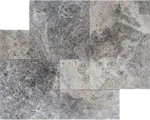 French-pattern travertine in silver-grey with heavy dark mottling