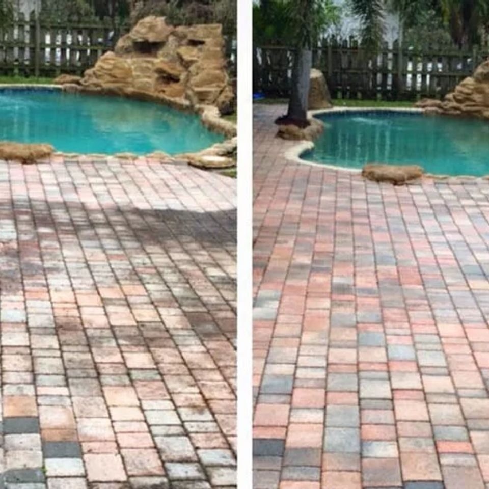 Paver pool deck shown dirty and then cleaned, side by side