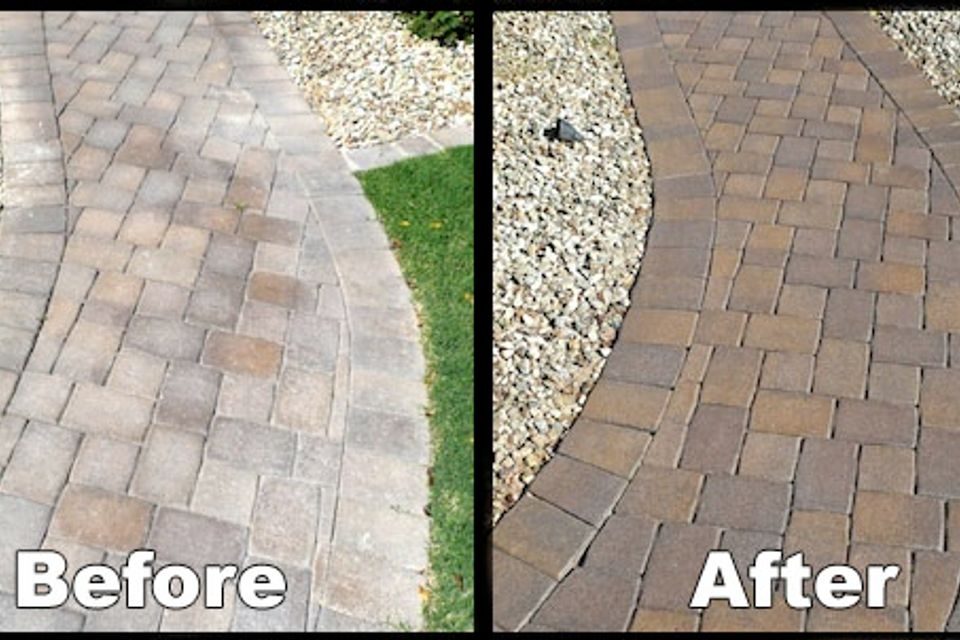 Before-and-after panels of a paver walkway restored by cleaning and sealing