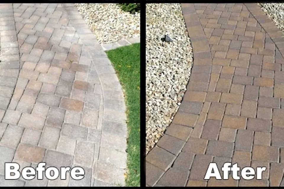 Before-and-after panels of a paver walkway restored by cleaning and sealing