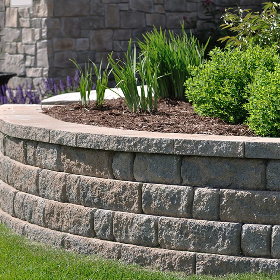 Curved block planter wall with a smooth cap, holding a raised bed of grasses and boxwood