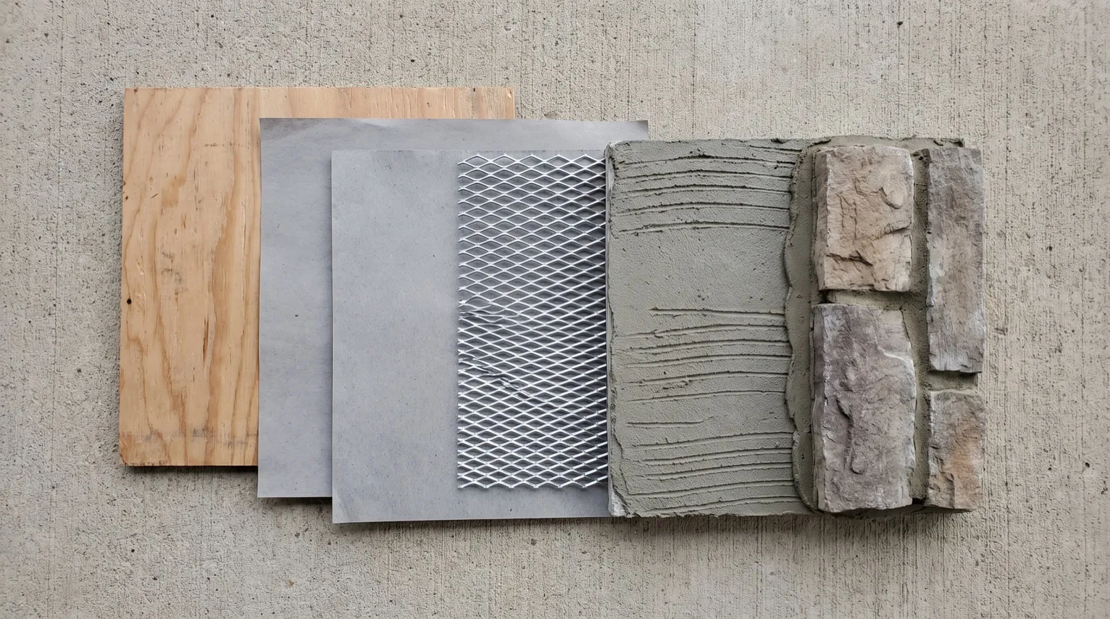 Adhered stone veneer layers from plywood sheathing to stone units