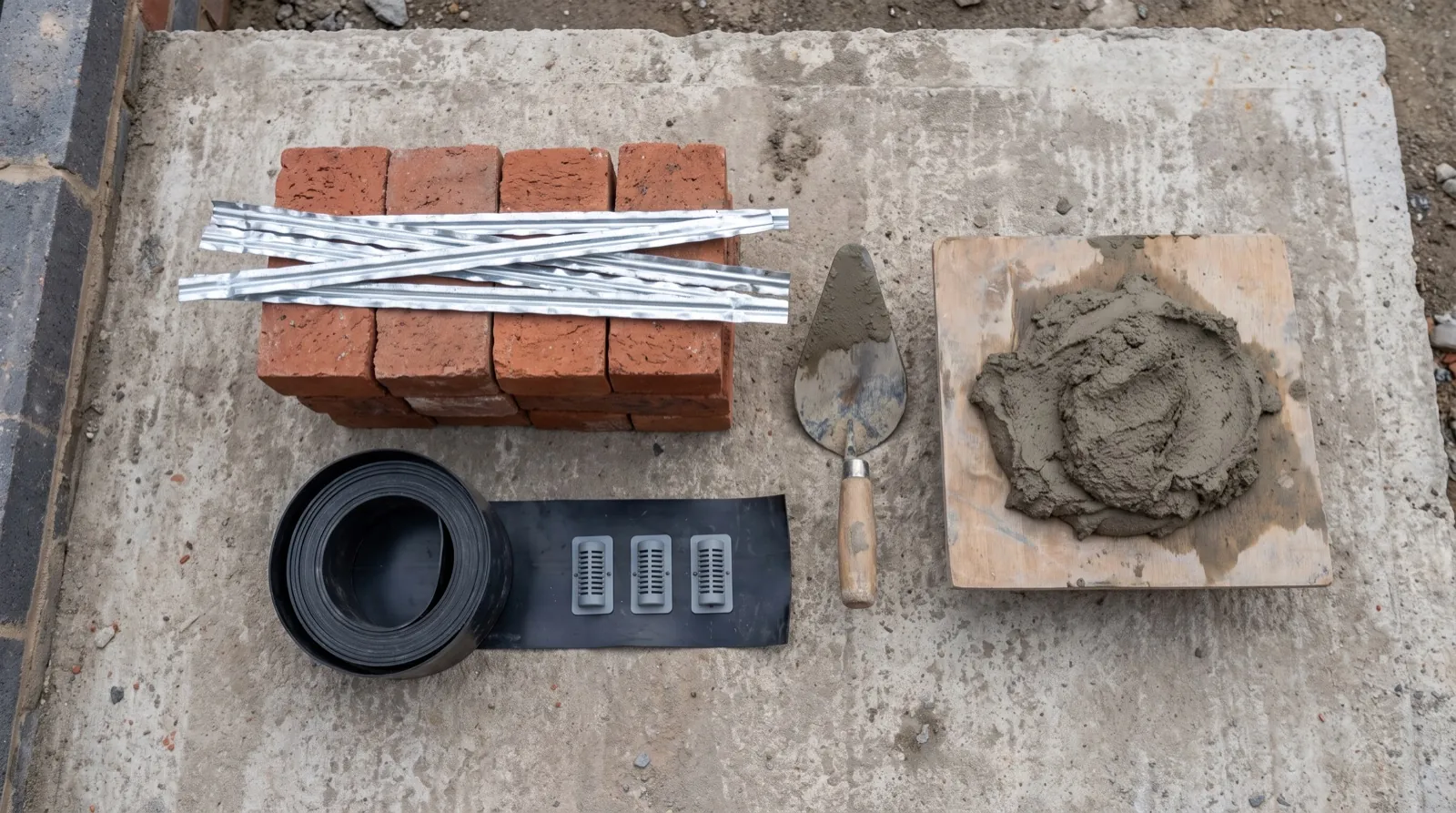 Clay bricks, metal ties, flashing roll, weep vents and mortar laid out