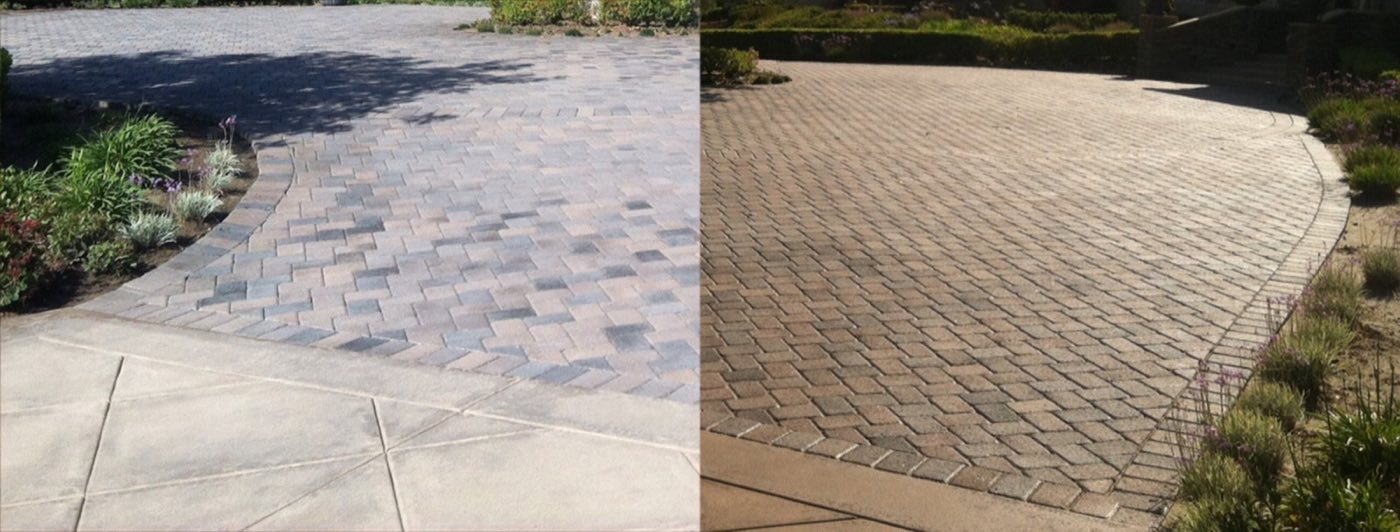 Before-and-after split of a paver driveway, soiled on the left and cleaned on the right