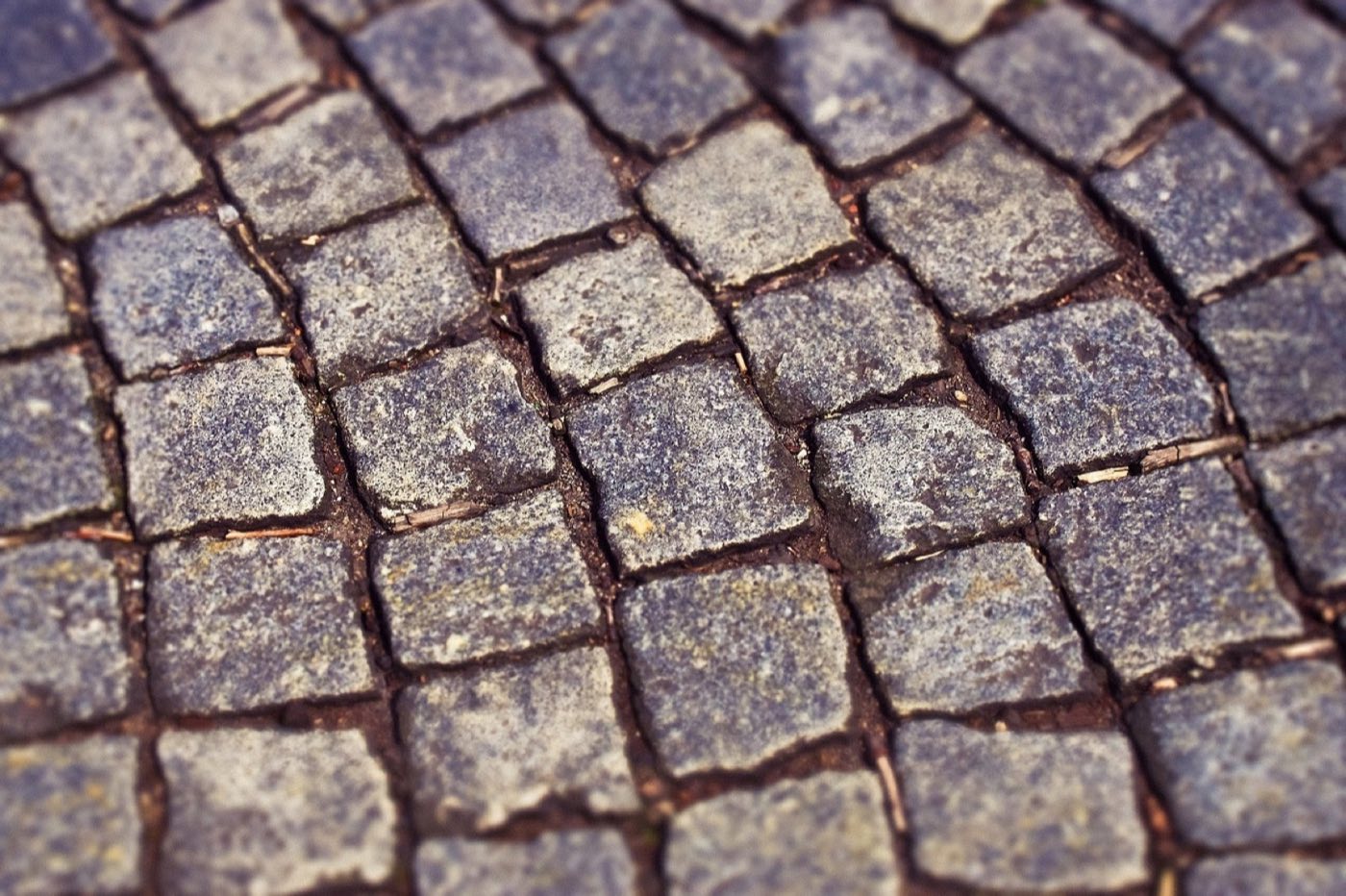 Close-up of granite cobblestone setts laid in an arced fan pattern