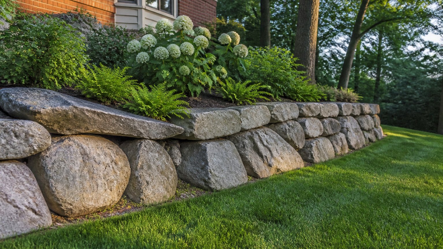 Low boulder wall leaning into a slope with ferns and hydrangeas planted above