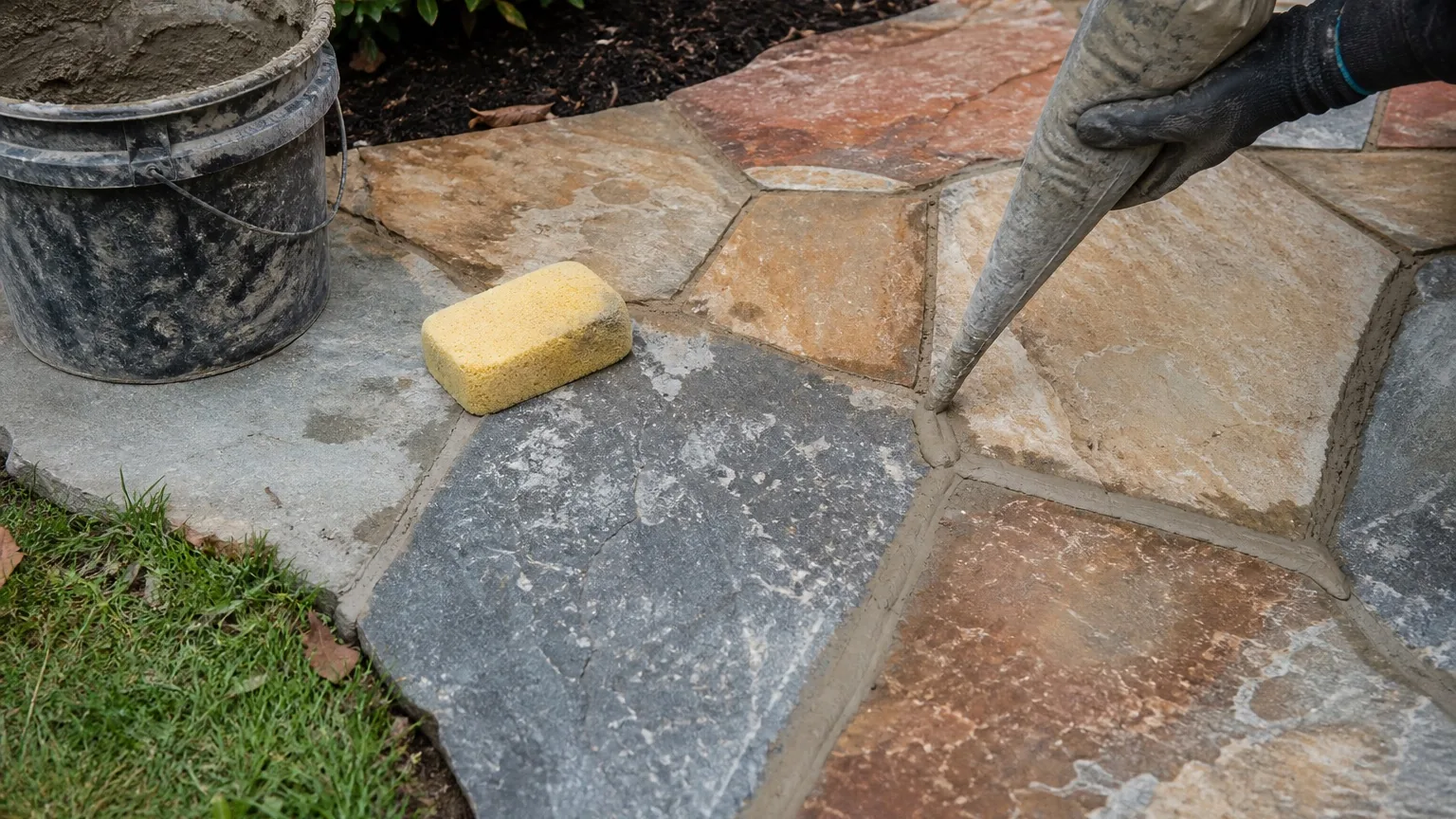 Gloved hand piping mortar into joints of an irregular flagstone patio