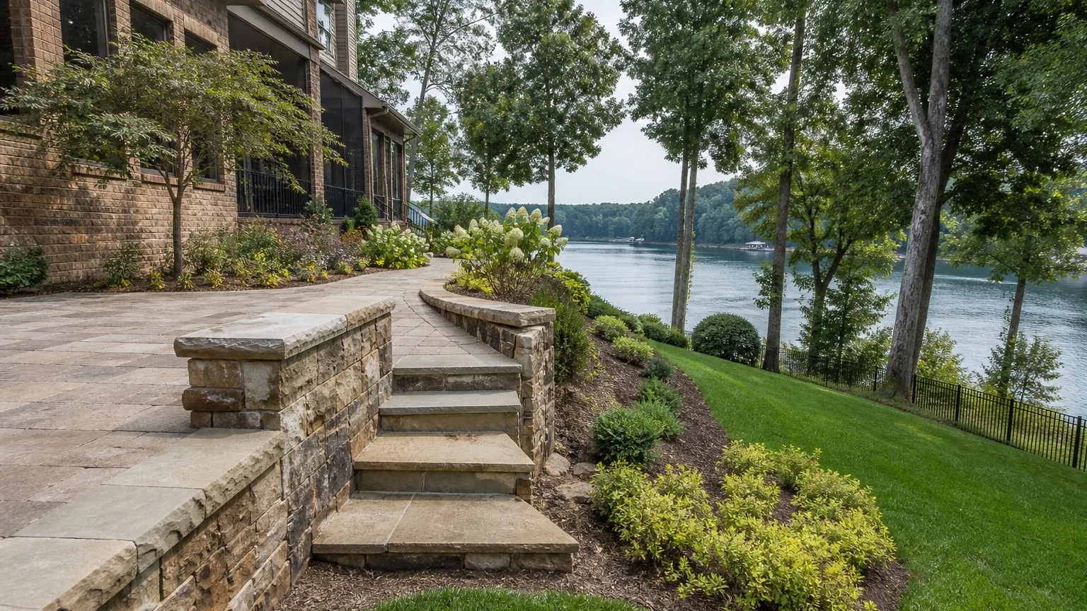 Paver patio, stone seat wall and steps above a lawn sloping to Lake Norman