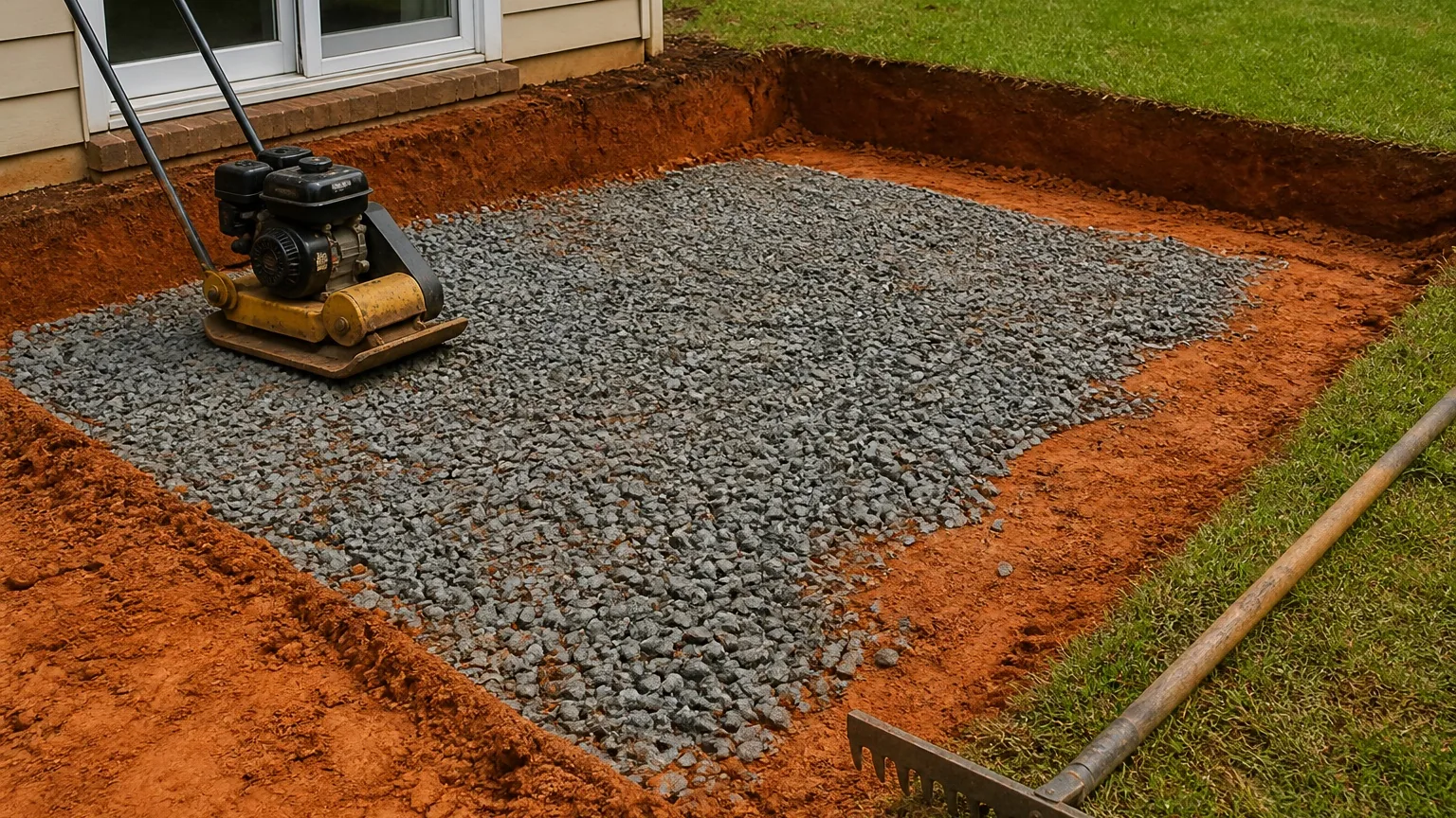 Patio excavation in red clay with crushed stone base and plate compactor