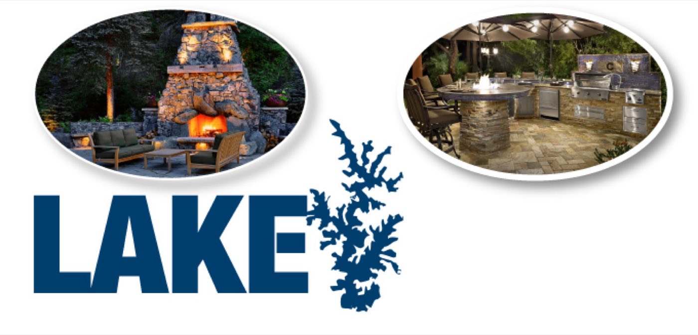 Promotional graphic pairing an outdoor fireplace with an outdoor kitchen at dusk