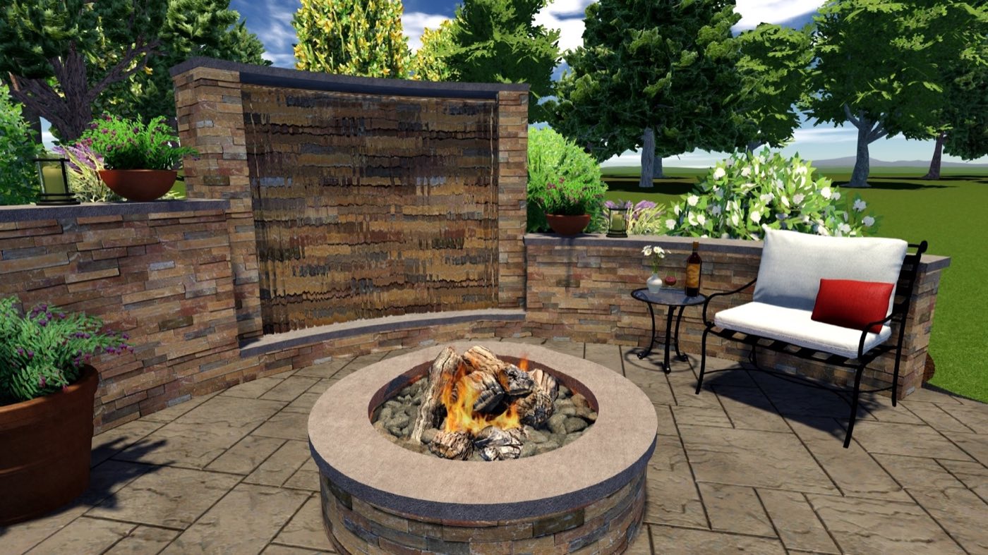 Curved stone water wall sheeting into a basin beside a round fire pit on a stamped concrete patio