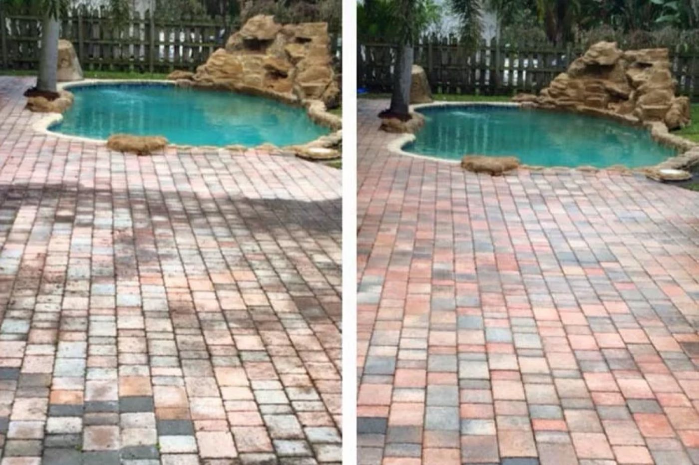 Side-by-side of a paver pool deck before and after a deep clean