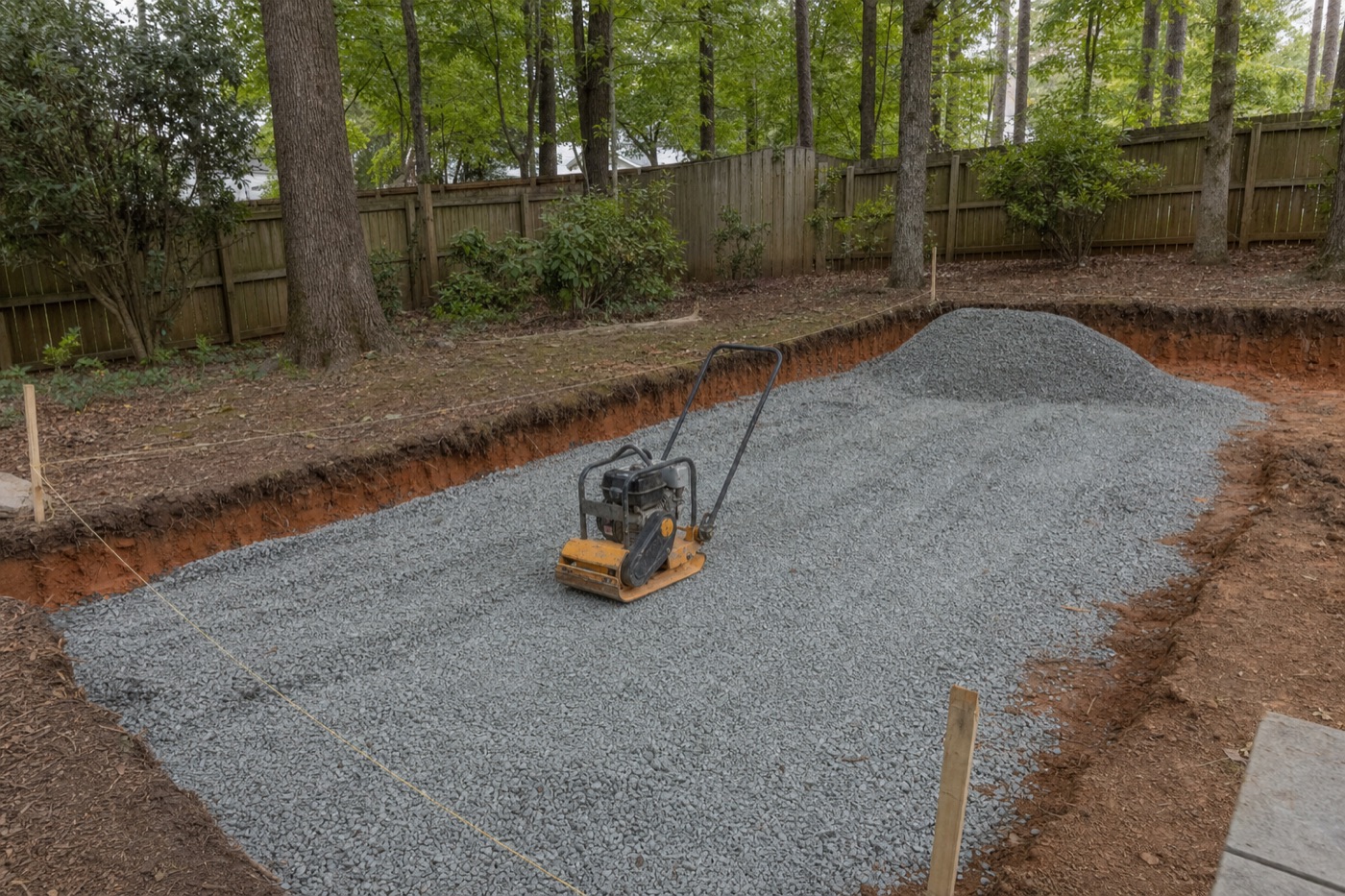 Plate compactor working crushed stone base inside a patio excavation over clay