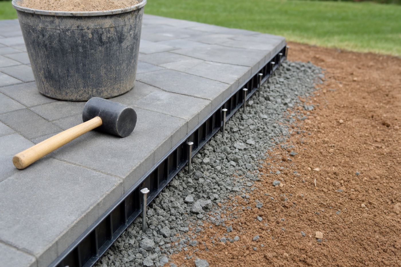 Edge restraint spiked into compacted base alongside the last row of pavers