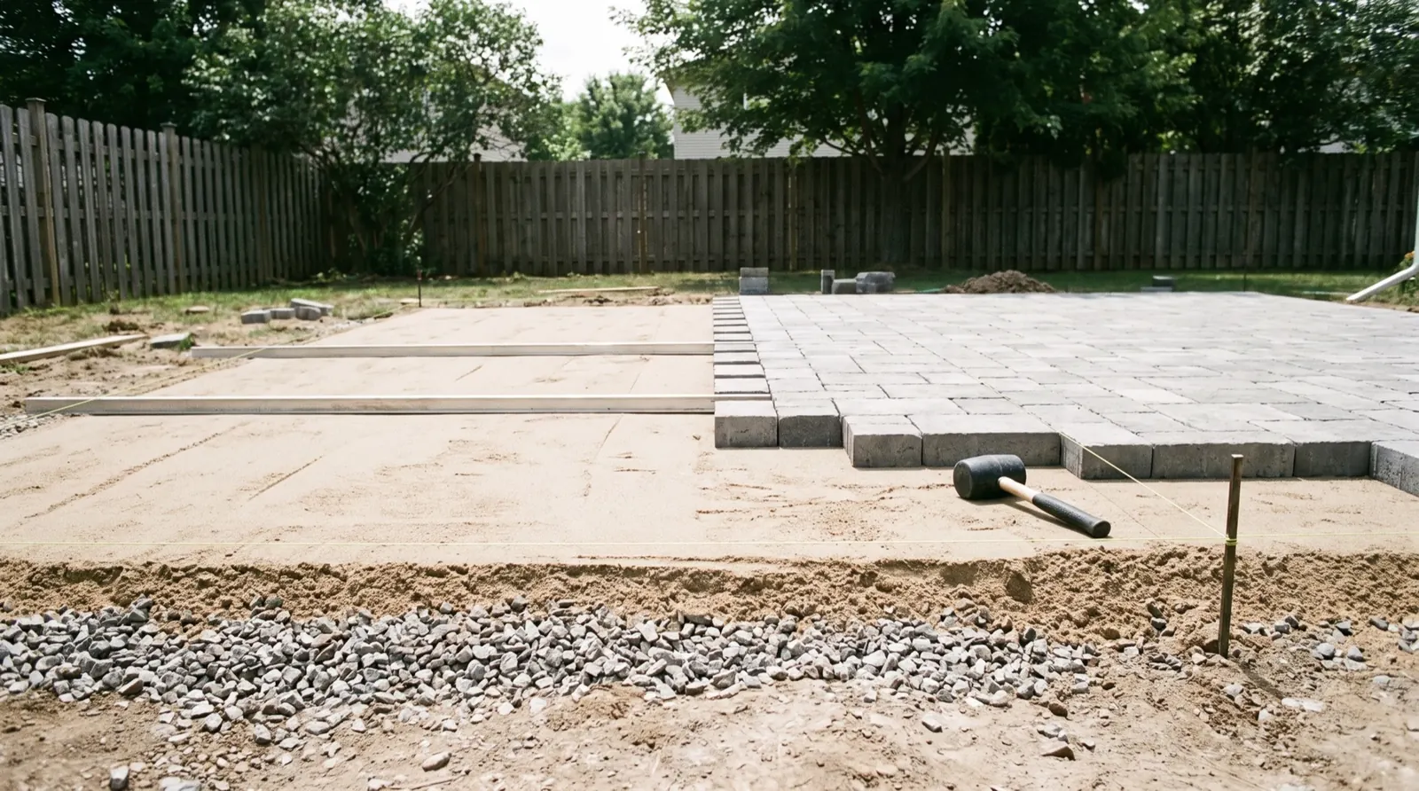 Paver patio under construction with screeded bedding sand and laid field