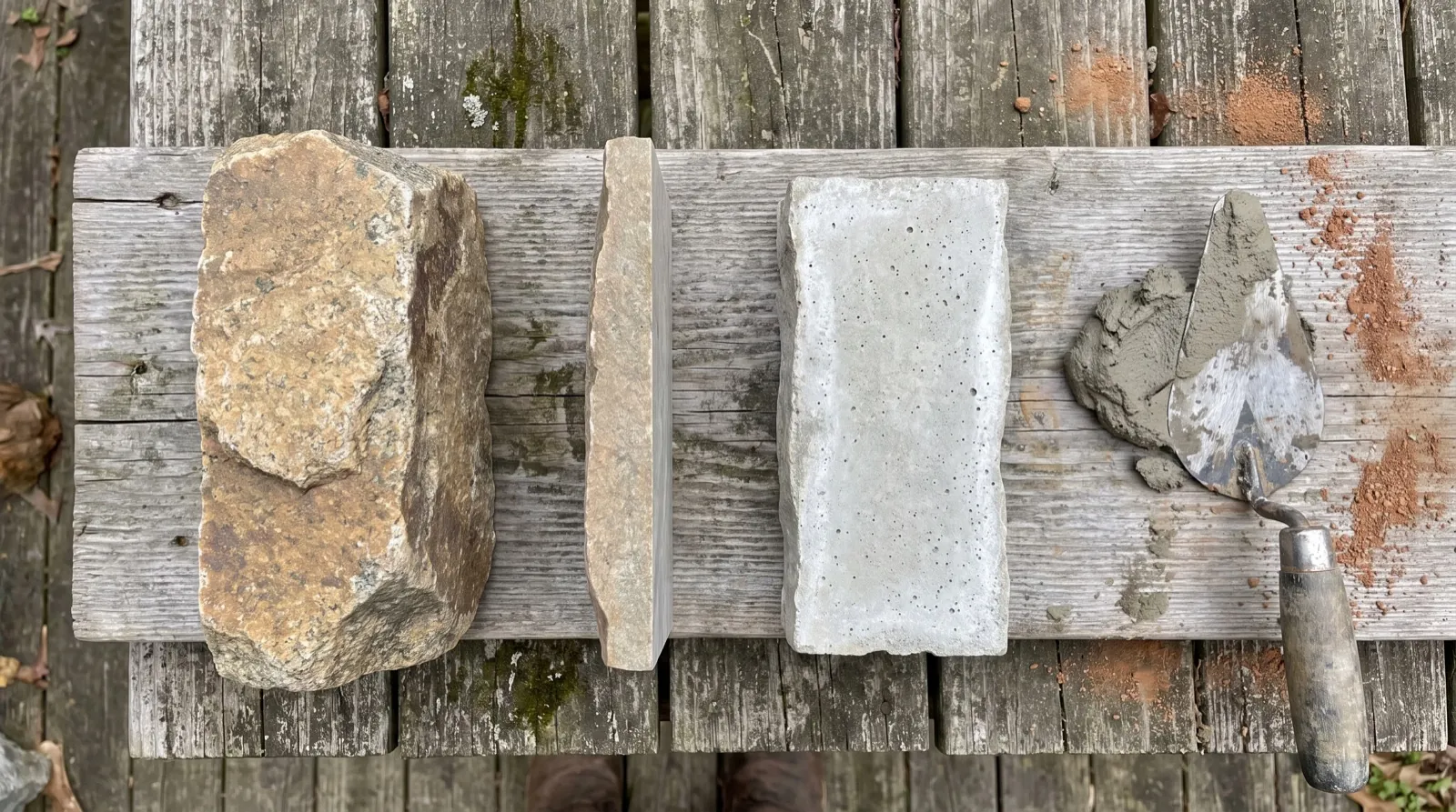 Fieldstone, thin sawn veneer and manufactured stone side by side on a workbench