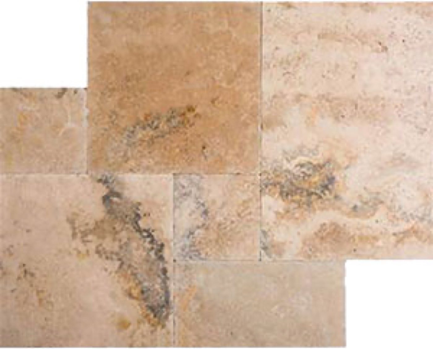 Travertine pavers in a French pattern, beige with grey and rust veining