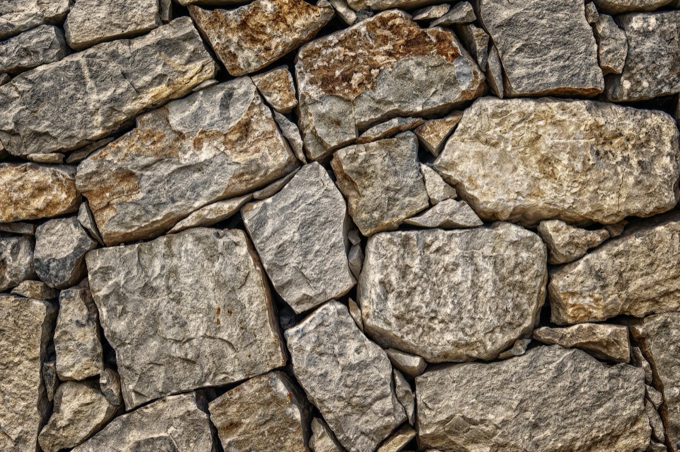 Close-up of a dry-laid fieldstone wall with tightly fitted irregular stones